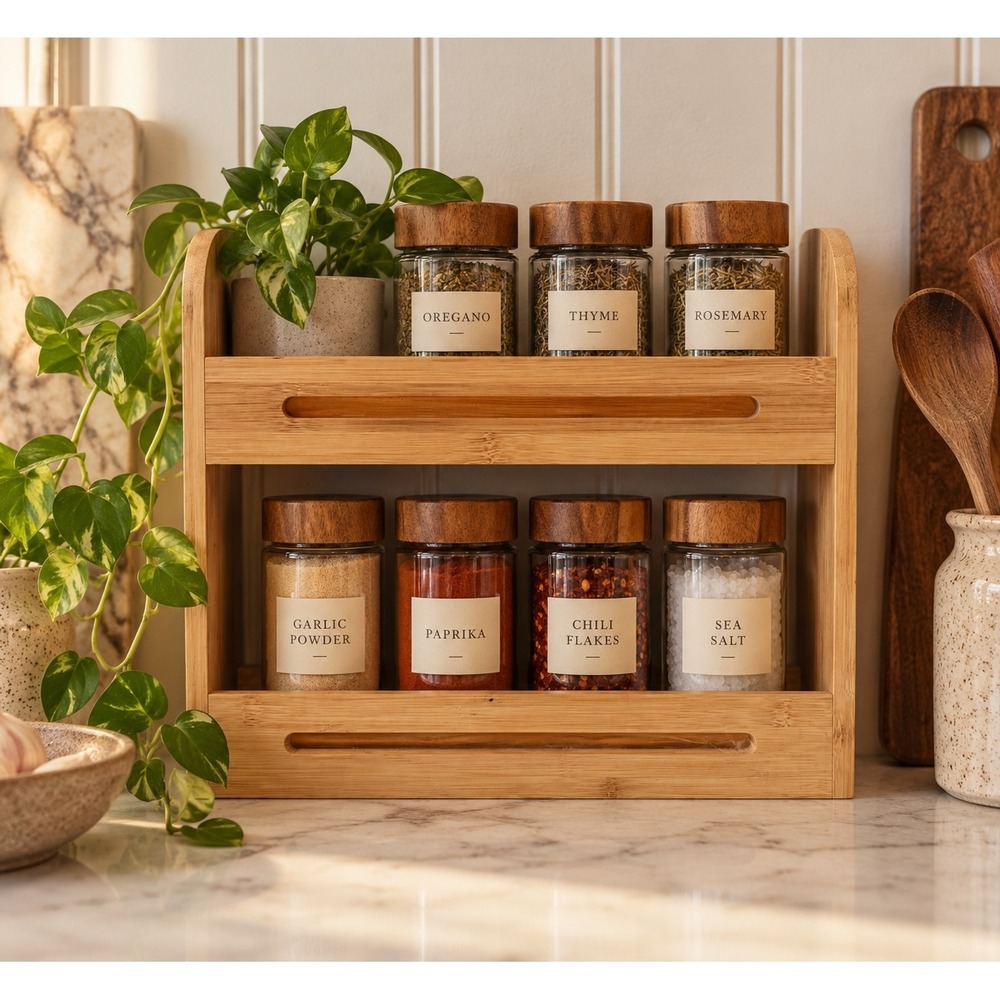 Bamboo 2-Tier Spice Rack – Natural Wood Kitchen Organizer